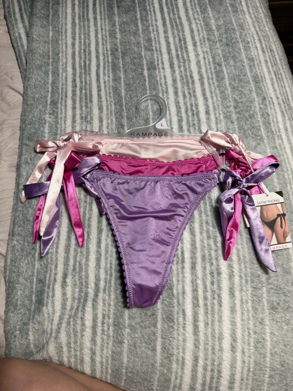🌧️Rampage Satin Tie-Side Thongs — Lavender, Hot Pink, Light Pink